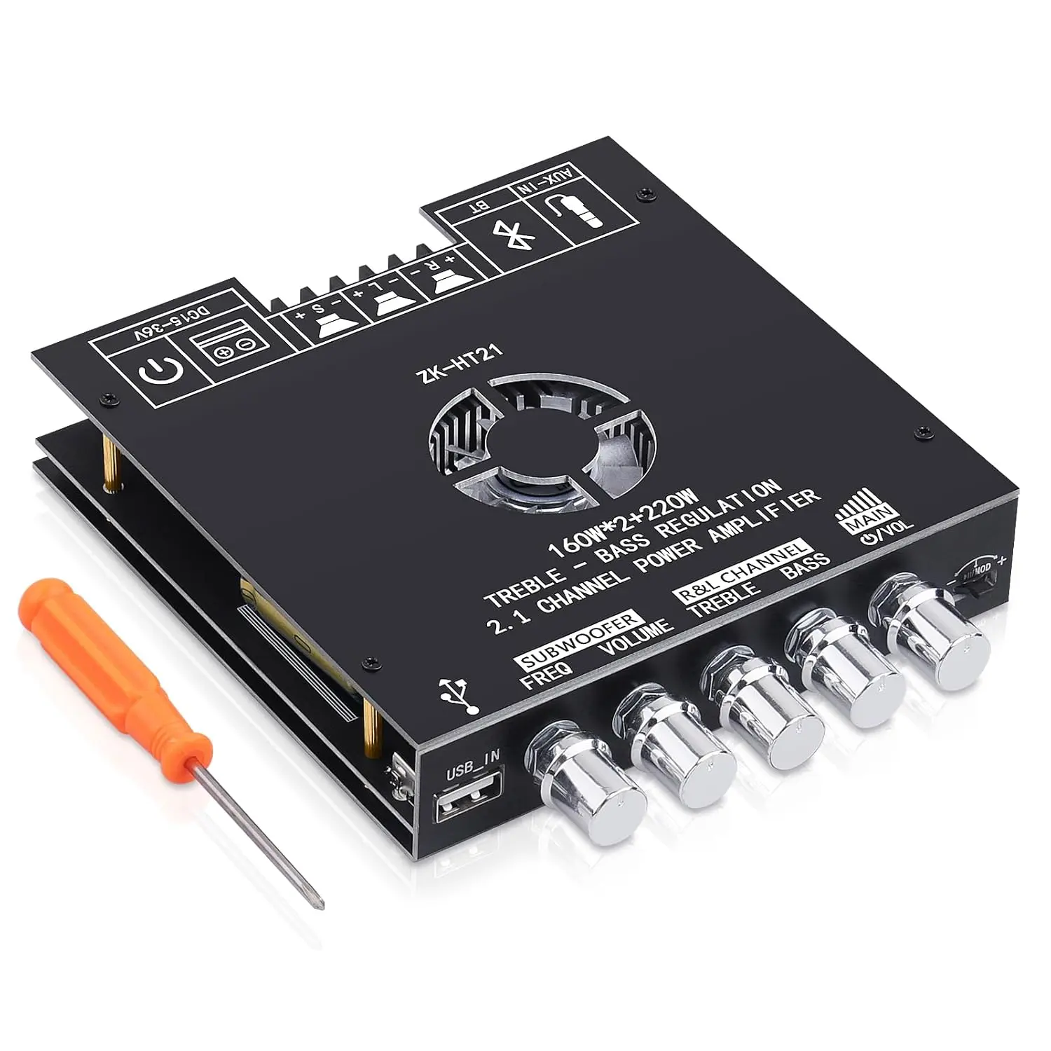 ZK-HT21 Bluetooth Amplifier Board 160W×2+220W Subwoofer 2.1 Channel Audio Amplifier Bluetooth Module with Treble and Bass Control,AUX/Bluetooth/USB Inputs for Passive Speakers, Stereo Amplifier Module, Power Amplifier System