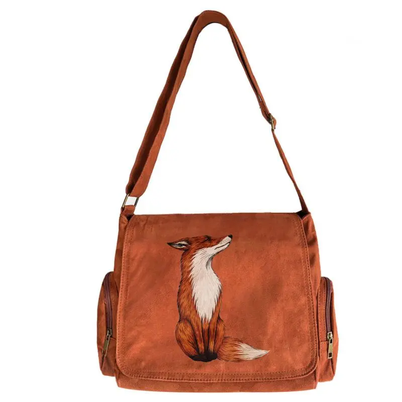 Women’s casual suede messenger bag, foldable fox print crossbody tote, suitable for travel, with adjustable shoulder strap and spacious pockets; ample space in the main compartment—basic design, large capacity, lightweight, fashionable patterned bag, tote