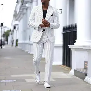 Men's Suits Business Casual Two-piece Set Groom's Best Suits Wedding Banquet Men Fabric Formal Striped Slim Fit Long Sleeve Stand-up Collar Below the Ankle Summer 2025 Beige