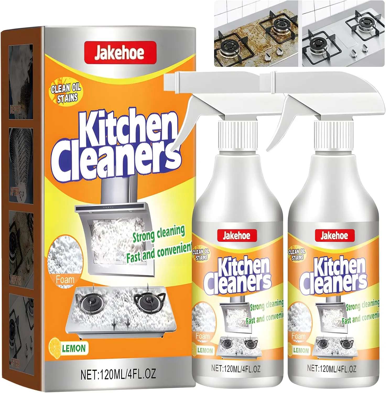 Jakehoe Kitchen Cleaner Spray, Kitchen foam Cleaner, Foam Degreaser for Stove, Hood, and Oven, Fast-Acting Heavy Oil Stain Remover, Lemon Scent Kitchen Cleaning Foam Spray for All Kitchen Surfaces