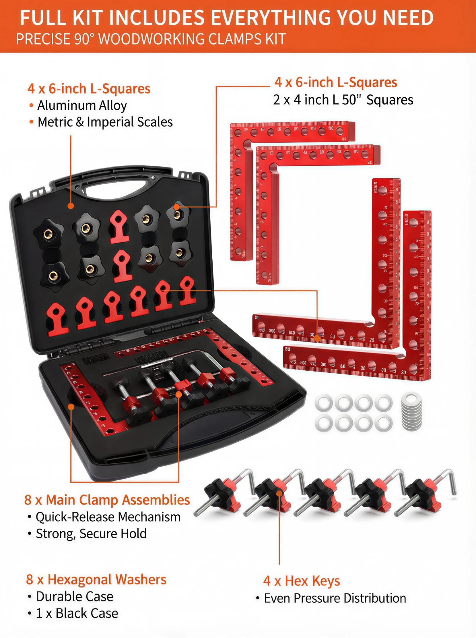 4-Pack Aluminum 90-Degree Corner Clamp Kit (12-Piece Set) | Woodworking Positioning L-Squares for Box, Frame and Cabinet Assembly
