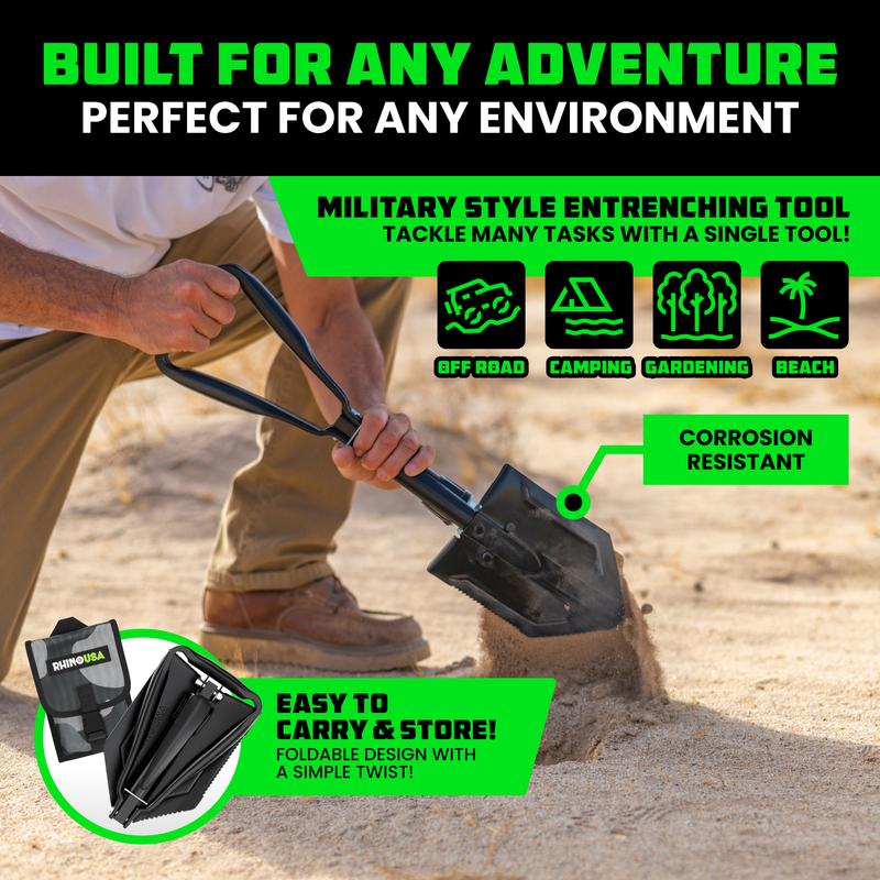 Rhino USA Folding Survival Shovel w/Pick - 3-in-1 Multipurpose Heavy Duty Carbon Steel Military Style Tool for Off Road Camping Gardening Beach Digging Dirt Sand Mud & Snow