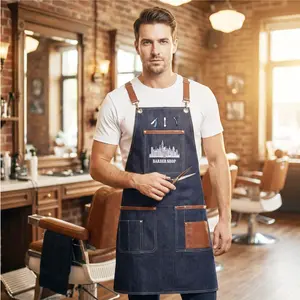 Professional Barber Apron – Blue Denim & Leather Straps