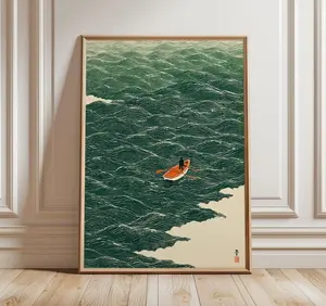 [No Frame] Japanese Wave Art, Boat at Sea Print, Minimalist Ocean Poster, Traditional Style Wall Art