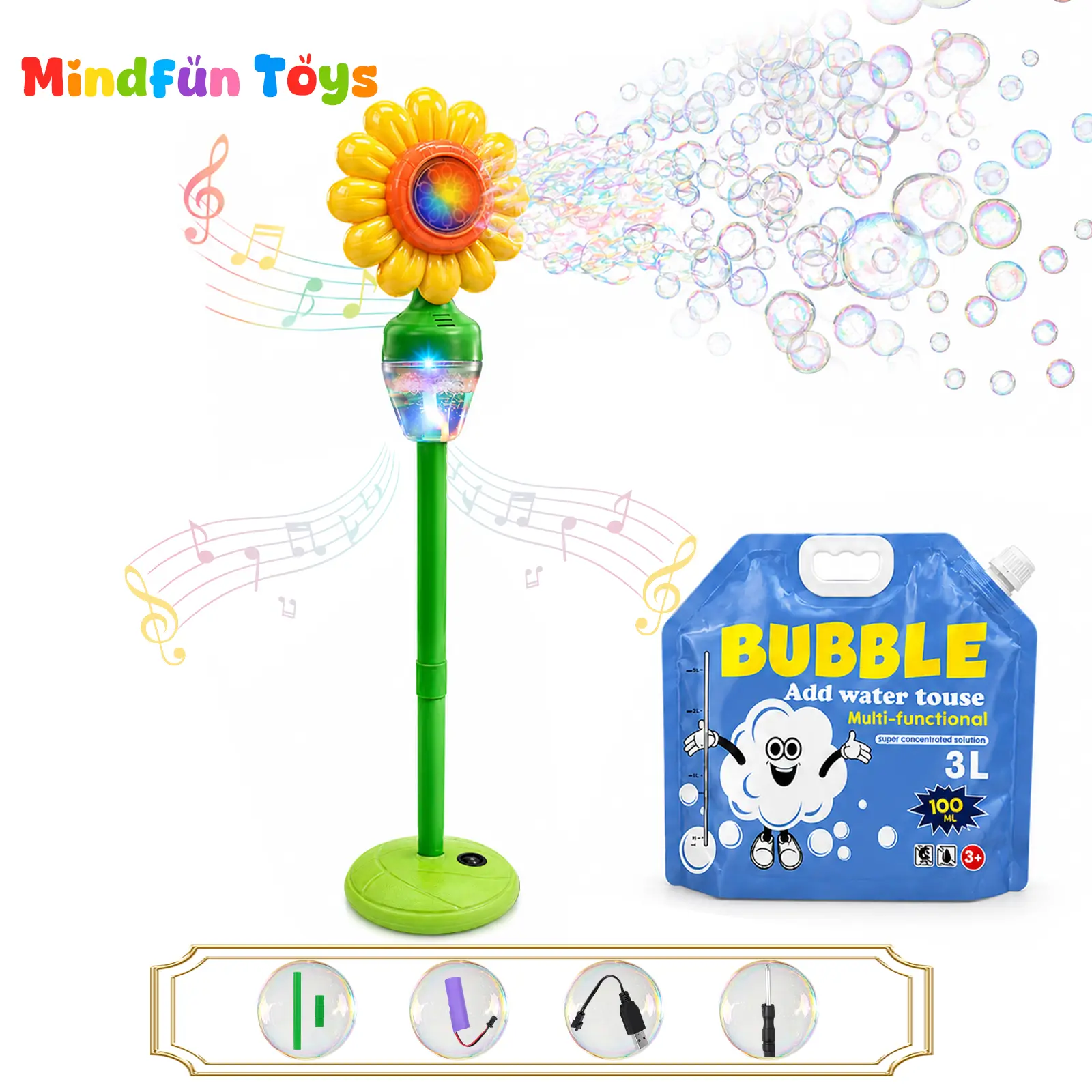 New Sunflower Automatic Bubble Machine Includes Bubble Solution – Standing & Handheld 2-in-1, Adjustable Height Bubble Blower with Lights & Music, Rechargeable Outdoor Toy for Kids for Parties, Birthdays, Weddings, Easter Gift