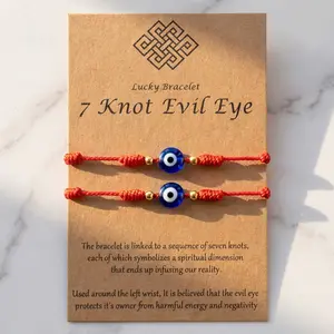 Evil Eye 7 Knot Red String Bracelets (2-Pack), Adjustable — Protection Amulet Gift for Her & Him Kabbalistic Tradition