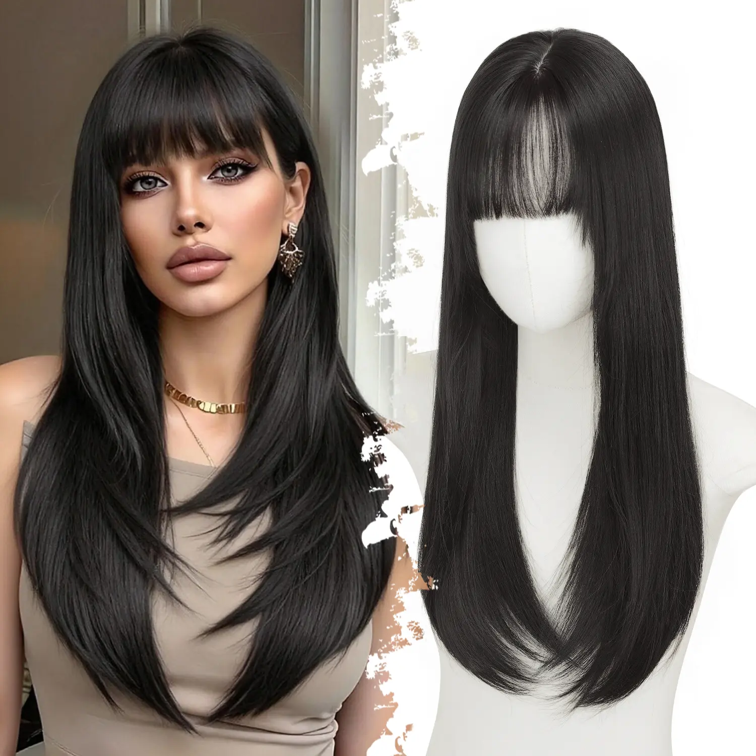 ONLYCUTE Realistic Scalp Hair Topper with Bangs for Women 20 inch Long Black Color Free Parting,Layered Straight Hairstyle Synthetic Heat Resistant for Daily Party Use #summervibes