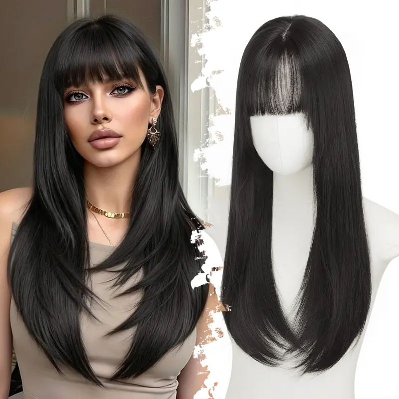 ONLYCUTE Realistic Scalp Hair Topper with Bangs for Women 20 inch Long Black Color Free Parting,Layered Straight Hairstyle Synthetic Heat Resistant for Daily Party Use #summervibes