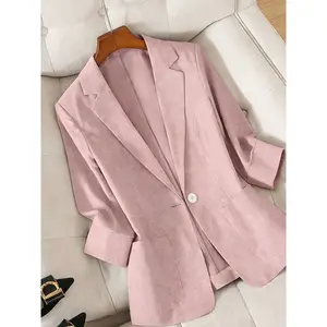 A women's solid color linen lightweight and high-end seven quarter sleeve suit jacket, suitable for spring and summer, suitable for daily wear.