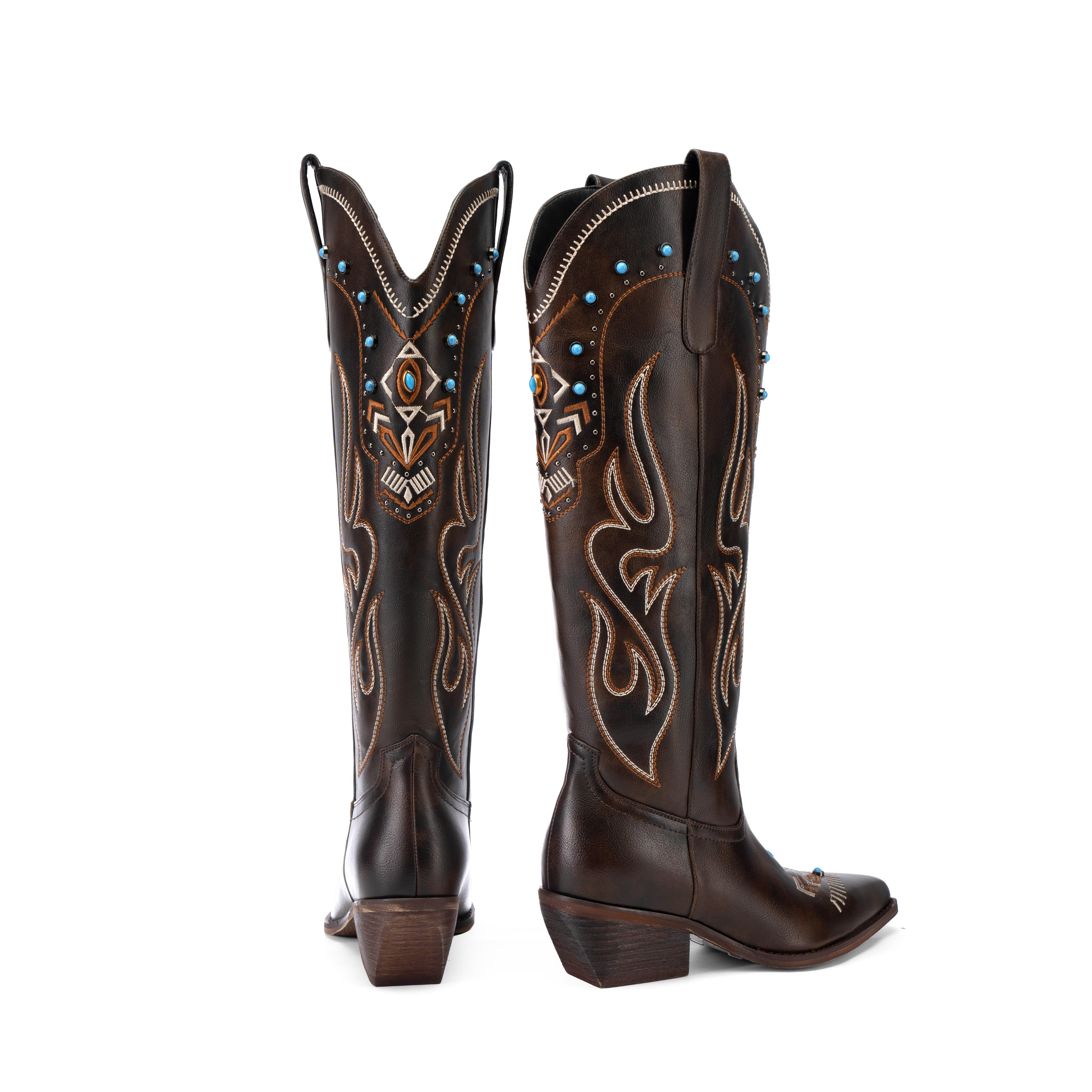 ReneChristine Women's Embroidery Western Cowboy Boots with Studs & Emerald Gemstones, Knee High Wide Calf Cowgirl Boots for Gatherings Weekend Hangouts Black Leather fur boots knee high boots boots for fall thigh high boots brown boots cowgirl boots Sprin
