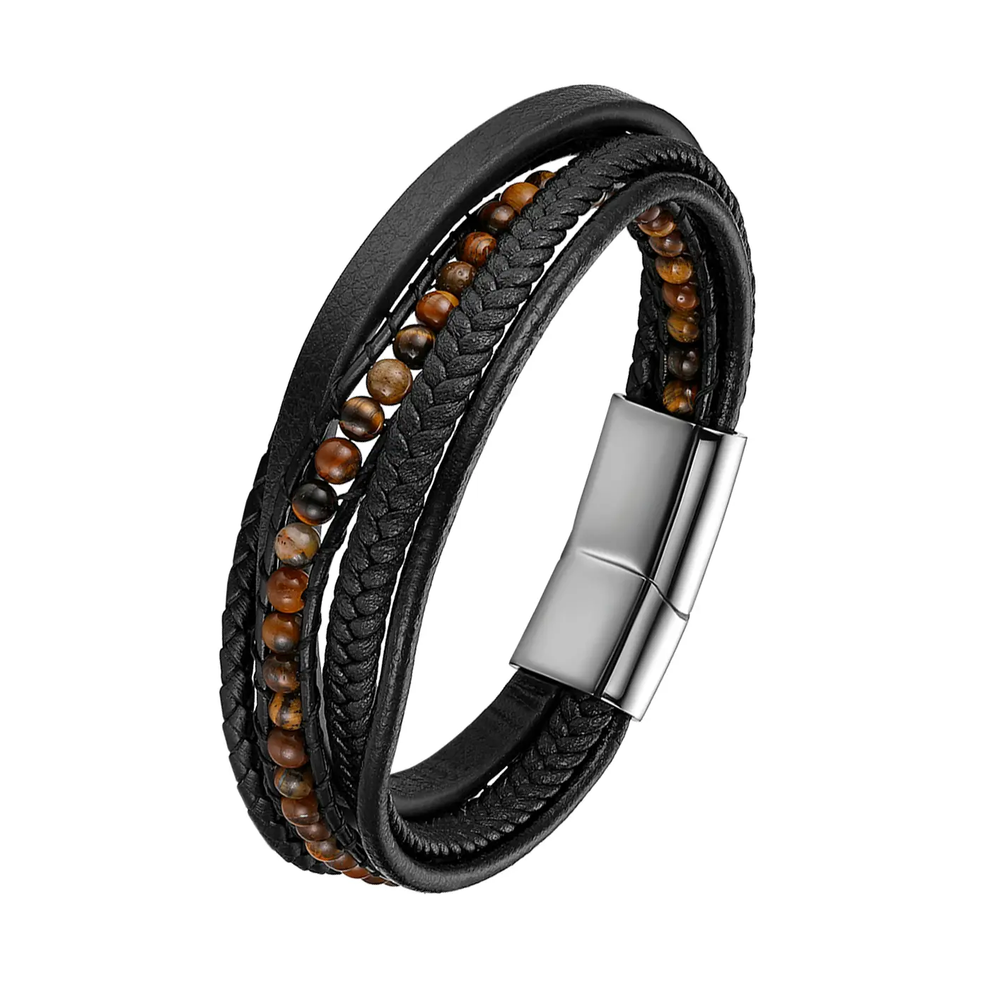 OIDEA Men's Retro Punk Layered Braid Genuine Leather Bracelet with Black Stainless Steel Accents, Snap Clasp, 8.26", Casual Wear, Black Stainless Steel Bracelets & Bangles, Braided Leather Bracelets & Bangles
