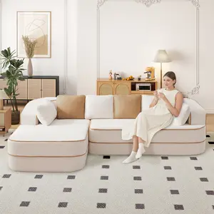 Mikibama Boneless Sectional Couch with Memory Foam & Deep Seat Modular Sectional Sofa in Teddy Fabric for Living Room Cloud Couch with Facing Chaise No Assembly Required