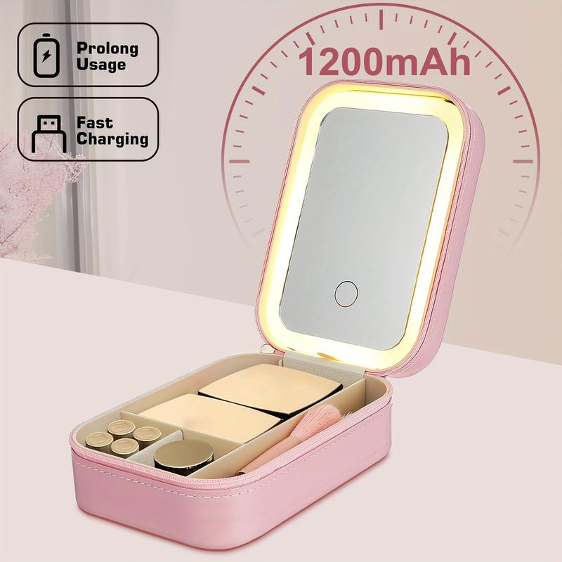 Makeup Bag with Mirror and Light Travel Makeup Train Case Cosmetic Bag, LED Makeup Mirror Case with 3 Adjustable Color Light Settings, Dust-Proof Jewelry Box, Mini Cosmetic Train Case
