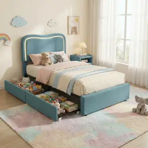 Boucle Twin Bed Frame with 2 Storage Drawers, Upholstered Platform Bed with LED Headboard, Solid Wood Slats Support, for Kids, Teens, Blue