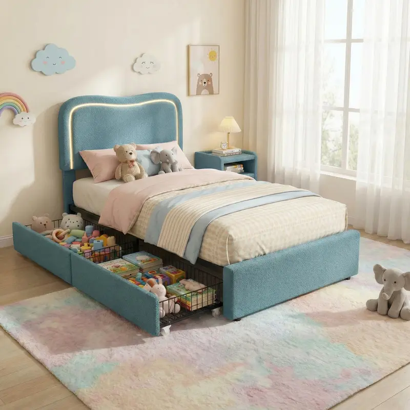 Boucle Twin Bed Frame with 2 Storage Drawers, Upholstered Platform Bed with LED Headboard, Solid Wood Slats Support, for Kids, Teens, Blue