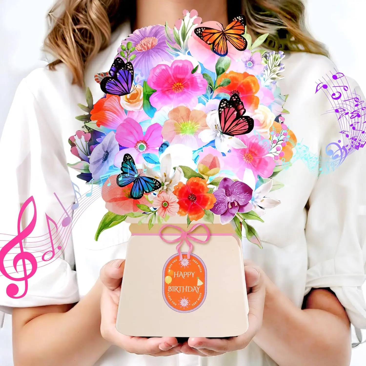 Happy Birthday Flower Greeting Card - Orchids & Lily Theme, Butterfly & Pink Blow-Out Candle Cake Design, Pop-Up Preserved Bouquet, Lighting & Musical Card, Ideal for Women - Office Stationery Supplies, Lighting Birthday Card