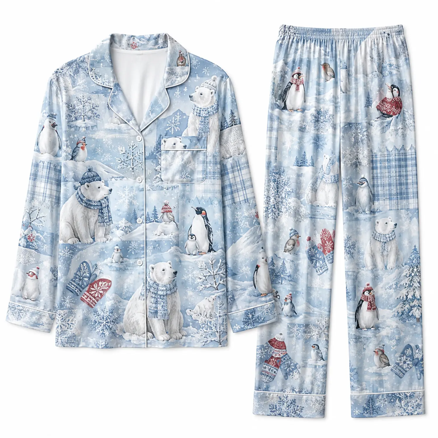 Winter Polar Bear and Penguin Print Long Sleeve Button Front Pajama Set with Matching Pants