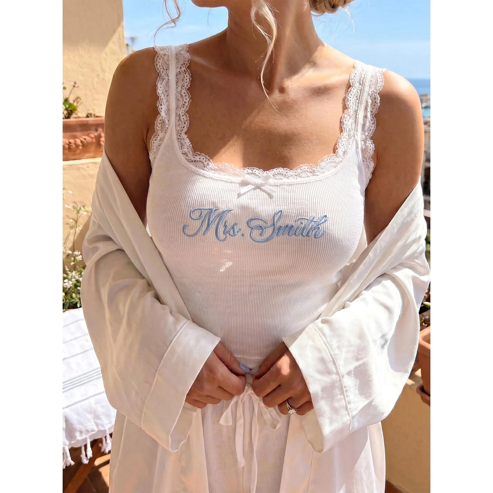 Personalized Embroidered Lace Tank Top, Bridal Camisole, Bridesmaid Gifts, New Mrs. Tank, Bachelorette Party Favors, Wife of the Party Shirt