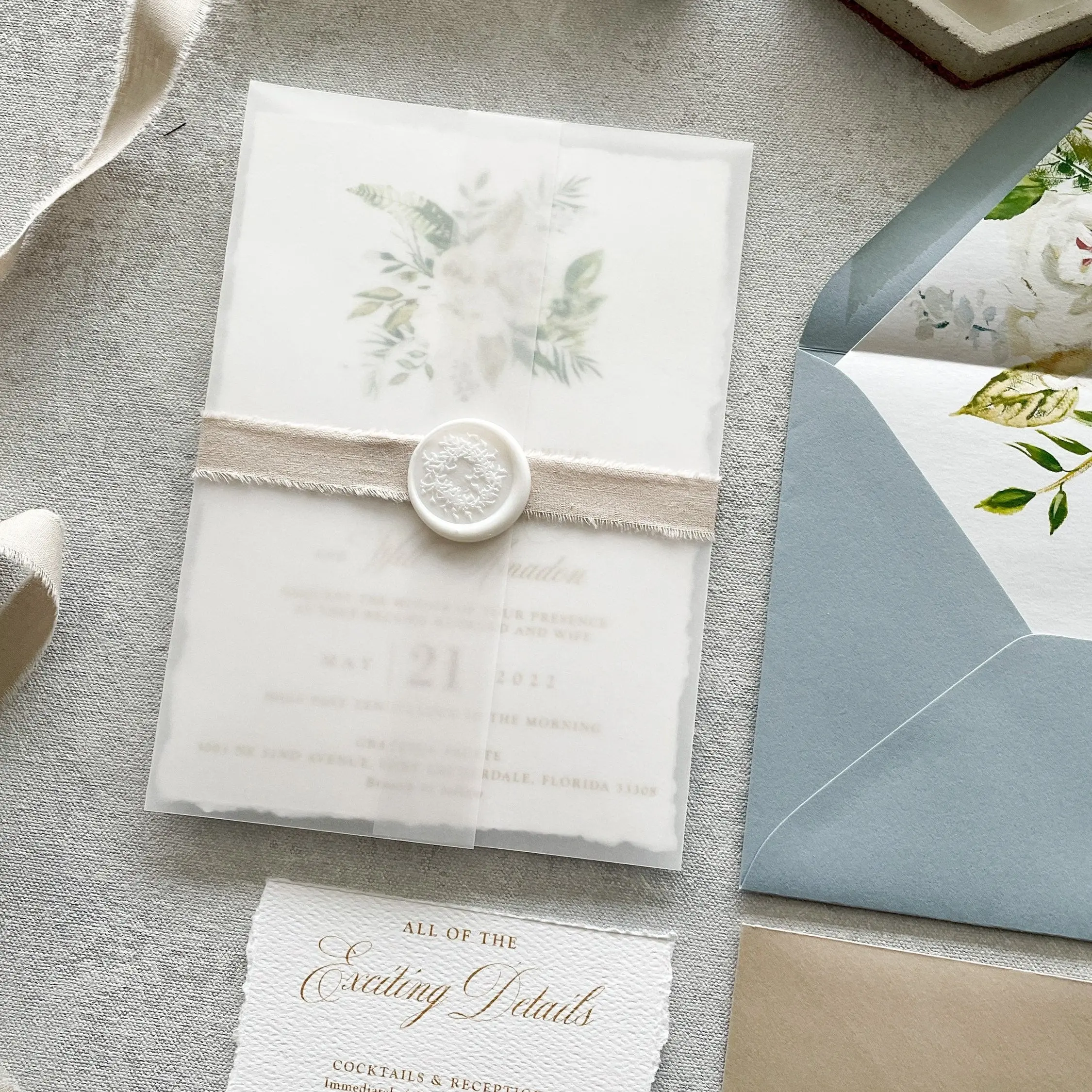 Dusty Blue Deckle Edge Wedding Invitations | Style 300