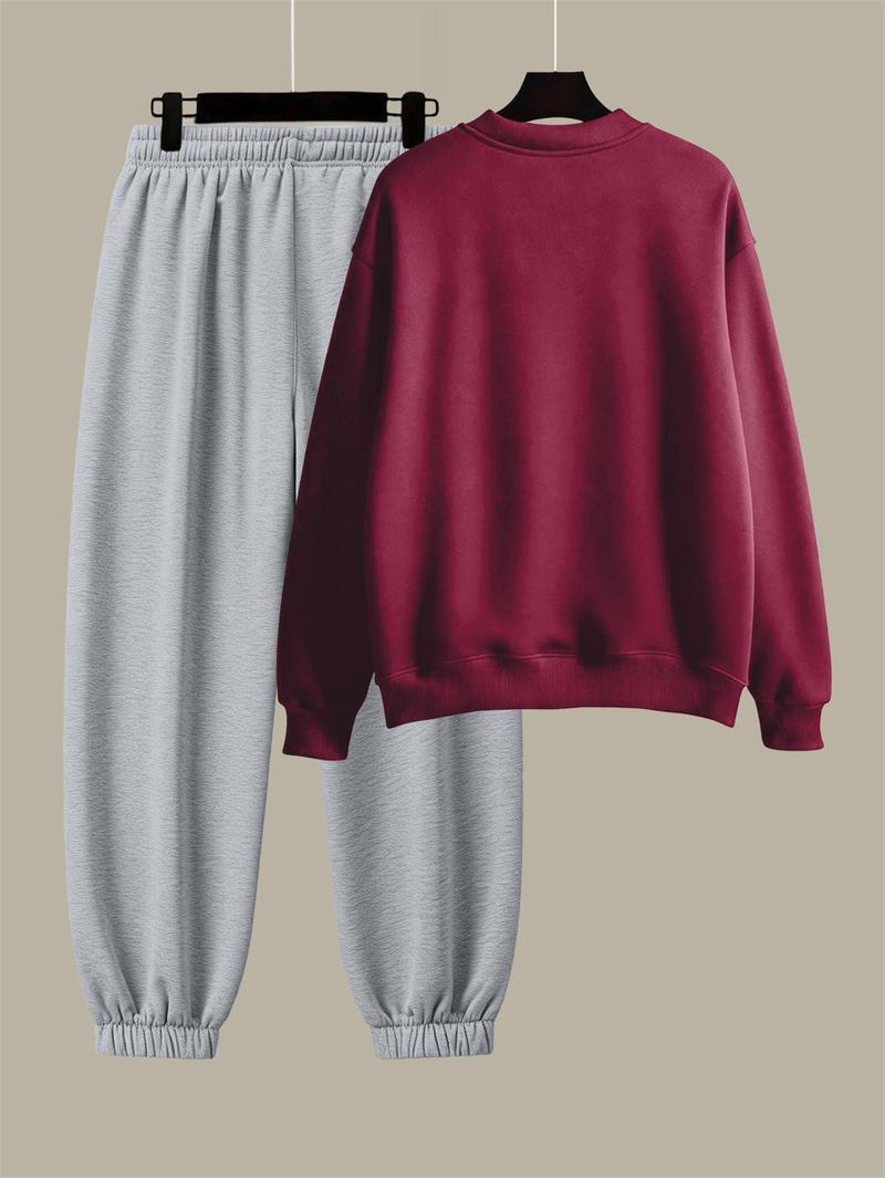 Men's Cotton Solid Color Casual Tracksuit Set Loose Fit Crew Neck Sweatshirt with Matching Jogger Pants for Fall Winter Comfortable Menswear Outfit for Outdoor Activities Sporty Commute Fitness and Relaxed Everyday Wear