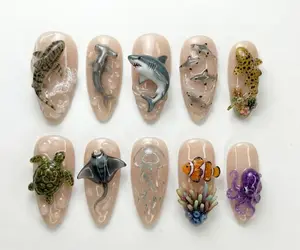 3D Ocean Animal Press On Nails with Sharks, Turtle, Jellyfish & Octopus – Handmade Sea Life Nude Acrylic Nail Set