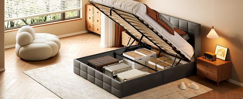 Gizoon Full & Queen & King Lift Up Storage Bed with Storage Upholstered Platform Bed Frame with Modern Wingback Headboard Woodern Slats Support Hydraulic Support No Box Spring Needed