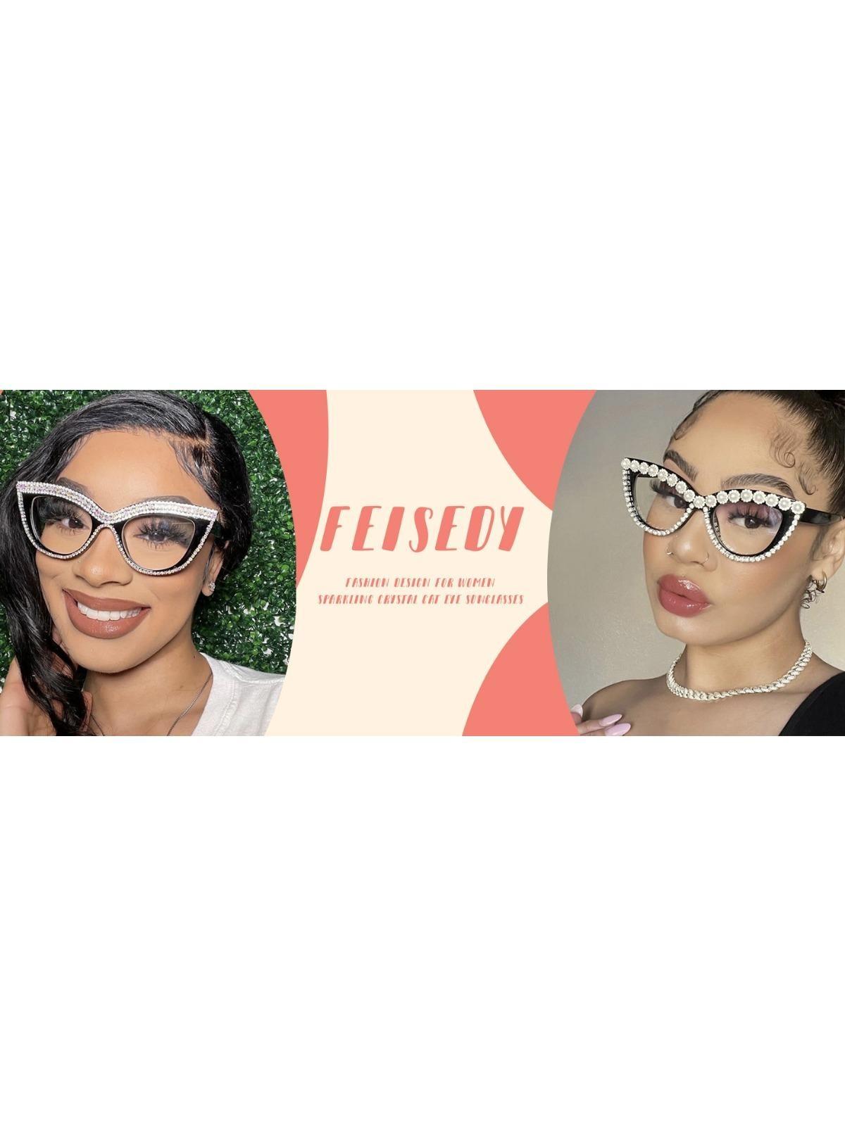 FEISEDY Diamond Blue Light Blocking Glasses Cat Eye Rhinestone Women Oversized Anti Eyestrain Computer Glasses Frame B2358