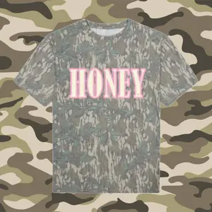 Mossy Oak Pink HONEY Letter Print Tee | Vintage Greenleaf Pattern Camo Short Sleeve Shirt | Washed Out Retro Hunting Graphic Tee | Premium Outdoor Camouflage Apparel