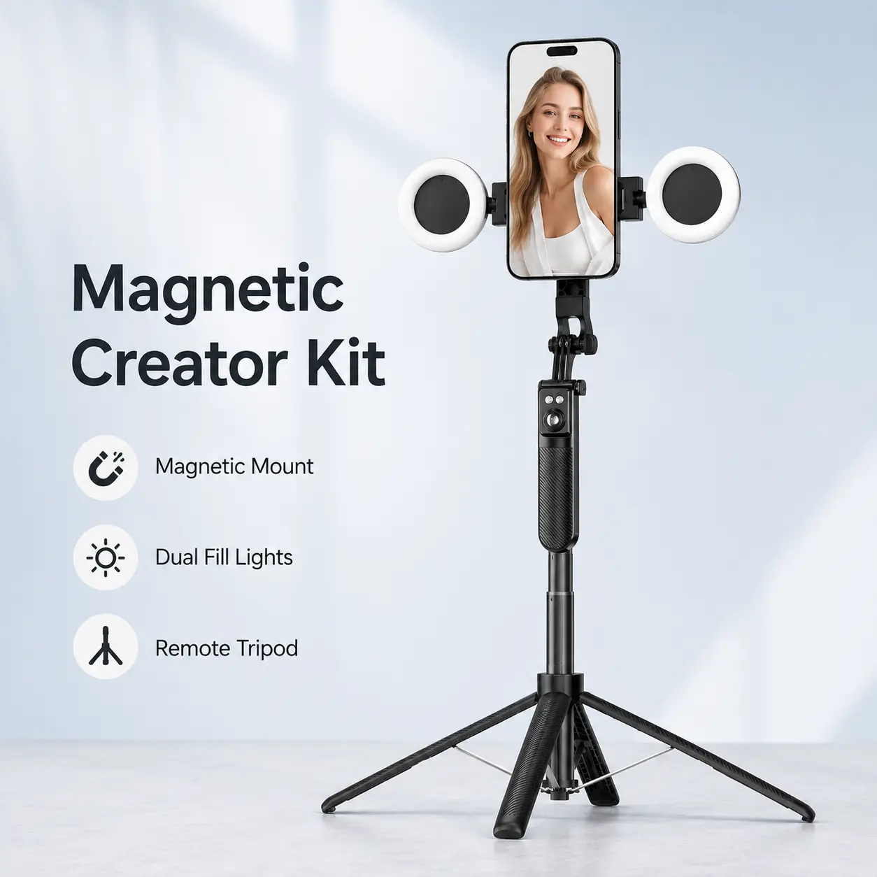 70.9" Extendable Selfie Stick Tripod – 360° Motorized Rotation, Smart Auto Subject Tracking, Adjustable 3-Color Fill Light, Wireless Gesture Control for iPhone, Samsung & All Smartphones