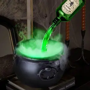 Halloween Decorations Indoor, Cauldron Halloween Decor with Magic Floating Potion Bottles & Fog Maker, Black Plastic Witch Bowl with Skeleton, Spooky Hocus Party Decor Pocus for Halloweens (D-19.5cm)
