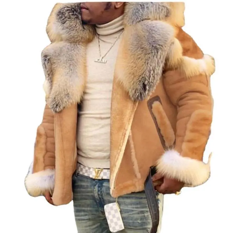 Men's High-Quality Upgraded Material Thick Faux Leather Velvet Coat, Casual Menswear Tops with Large Fur Collar, Long-Sleeve Male Jacket for Sports & Outdoor Activities