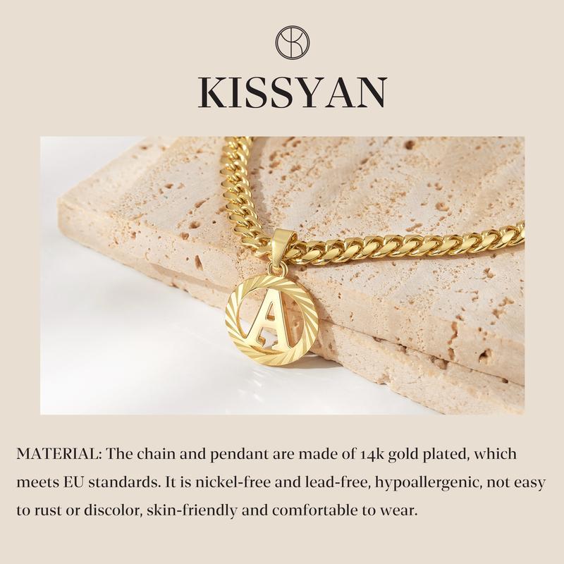 KissYan Gold Initial Necklace,14K Gold Plated Round Letter Pendant Hollow Capital Monogram 5mm Cuban Chain Necklace Alhpabets from A-Z Dainty Jewelry for Women Men Valentine's Day Gifts