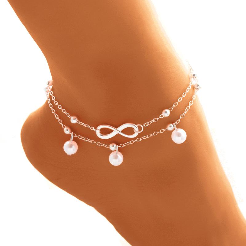 Women's Alloy Anklet with 8-Shaped Double-Layer Pearls - Golden/Silver
