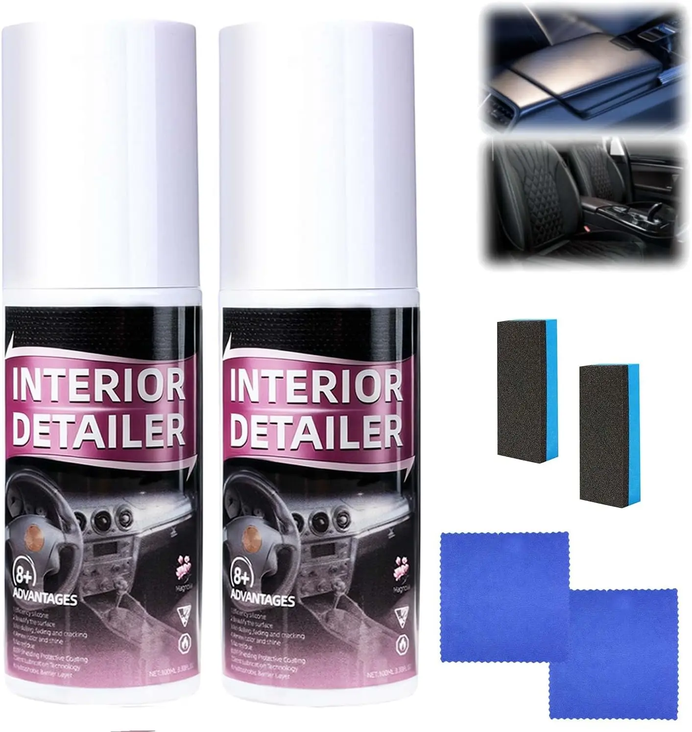 2PCS Car Interior Cleaner and Polish Spray, All Purpose Interior Detailer for Dashboard Leather Vinyl Rubber and Plastic, Deep Cleaning Car Interior Care Spray for Auto Detailing, Tire Cleaner and Interior Restoration Solution