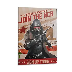 Fallout: New Vegas NCR Ranger Inspired Canvas Poster - Retro Military Wall Art, featuring "Join the NCR" and "People of New Vegas" designs, high-quality wrapped canvas print, popular poster.  A perfect gift for fans of retro style.