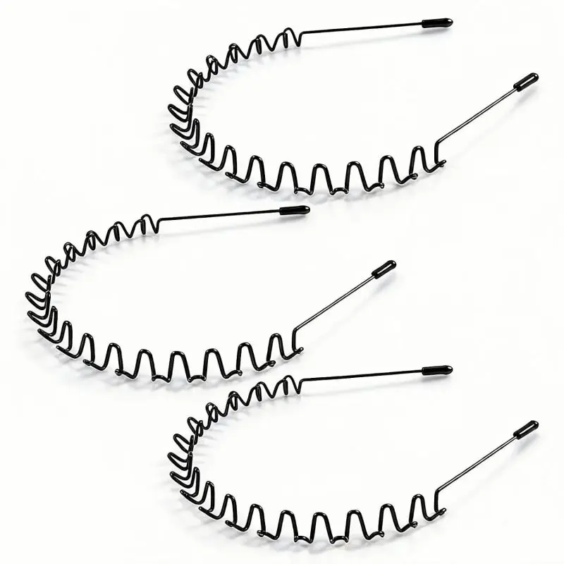 Men's 3-Pack Fashionable Metal Headbands - Unisex Plain Synthetic Wavy Black Non-Slip Sports Headwear, All Seasons Everyday Fashion Hair Accessory Essential