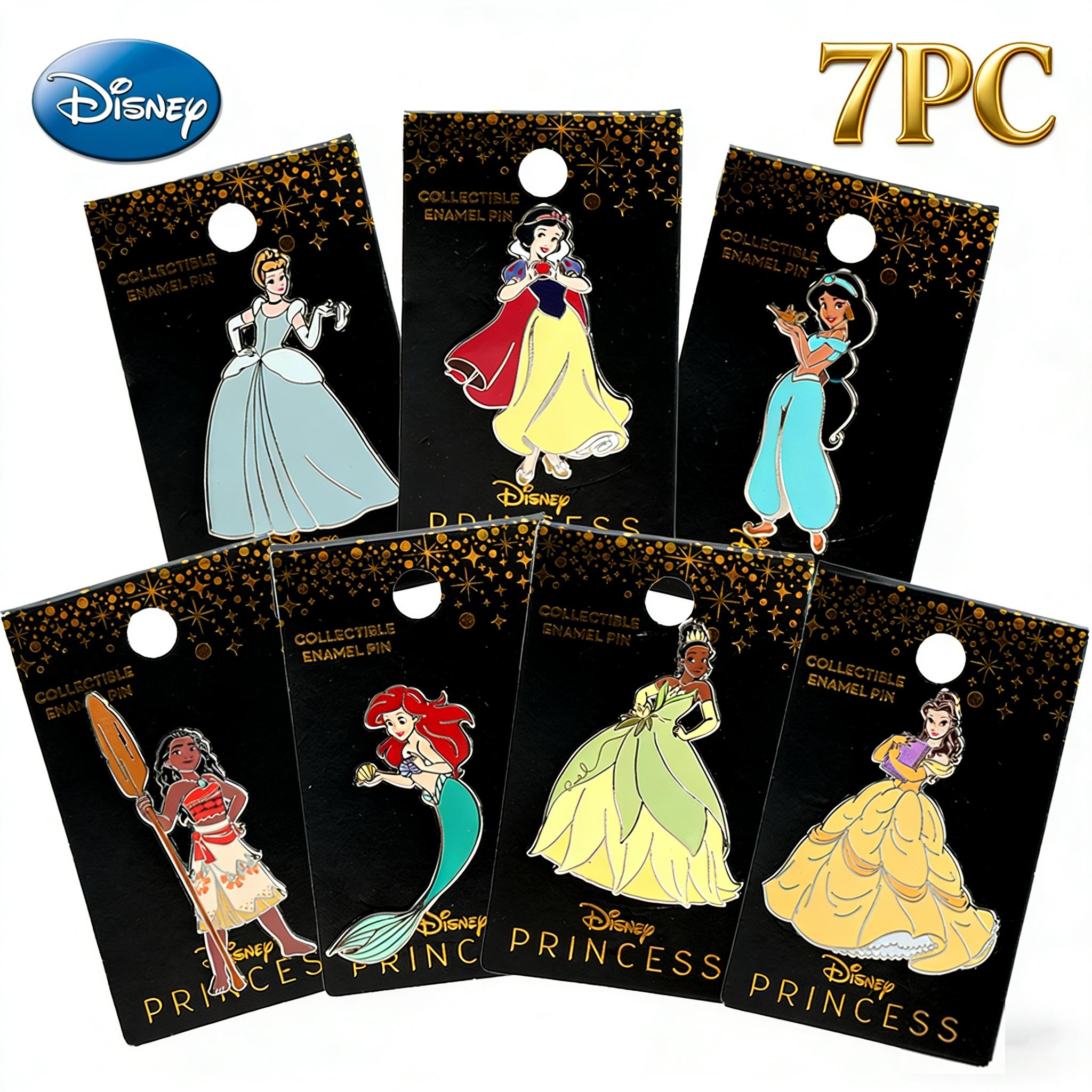 7PCS Disney Princess Pin Officially Licensed Gorgeous Gown Dress Gold-foil Belle Jasmine Ariel Snow White Tiana Cinderella Moana Anime Brooch Backpack Decoration Jacket Lapel Anti-Rust Exquisite Alloy Enamel Collectible Gift