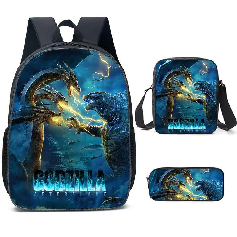 3 Piece Godzilla Vs King Ghidorah Movie Print Laptop Backpack Set Monster Film Kids School Bag Crossbody Shoulder Bag Pencil Case