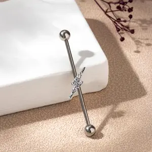 New 2026 1Pc Surgical Steel Zircon Industrial Barbell Crystal Cz Heart Ball Long Auricular Bridge Earring Transversal Women Body Piercing Jewelry Fashion Accessories Creative Gift