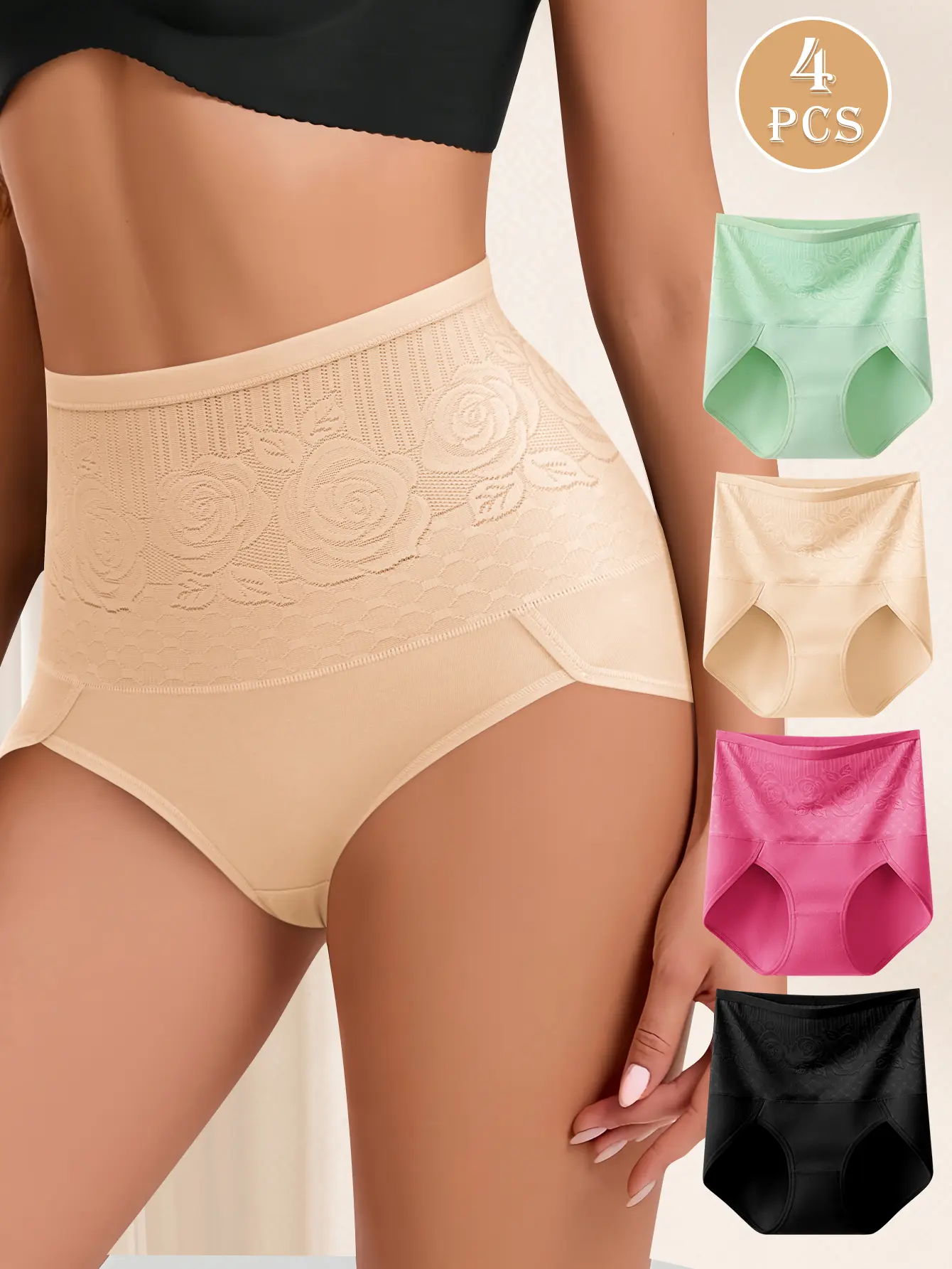 QUASTI 4PCS Women's Briefs Underwear High Waist Tummy Control Panties Rose Jacquard Ladies Panty Multipack daily wear S-XXL