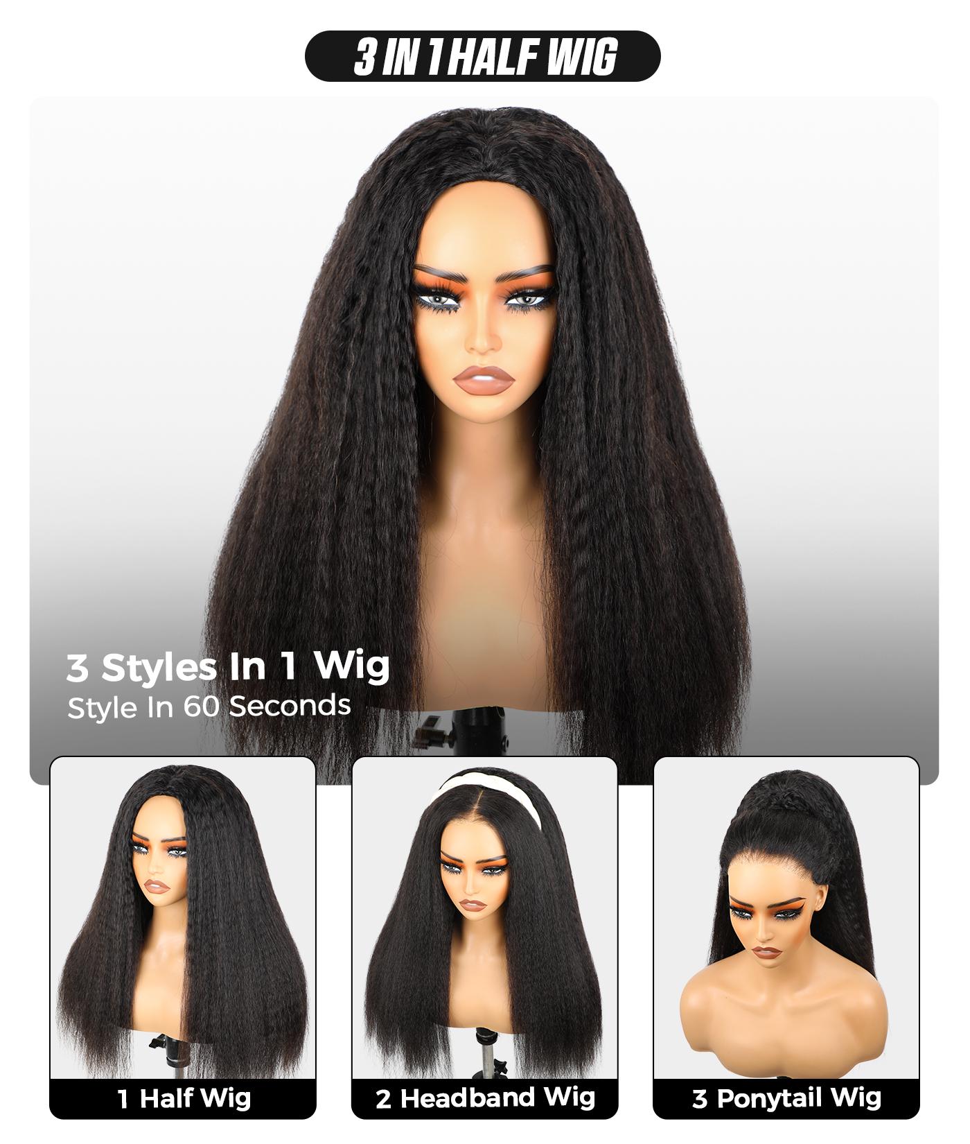 【250% 20" Only $126】OQ HAIR Kinky Straight Half Wig Yaki Straight Wavy Easy Wear Go Wig No Glue With Drawstring Invisible Hairline Butterfly Cut Human Hair Glueless Wigs