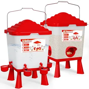 5 Gallon Chicken Feeder and Waterer Set, Automatic Poultry Feeder with 4 Ports, Large Capacity Chicken Waterer with 4 Cups, Chicken Coop Accessories, Blue, Red