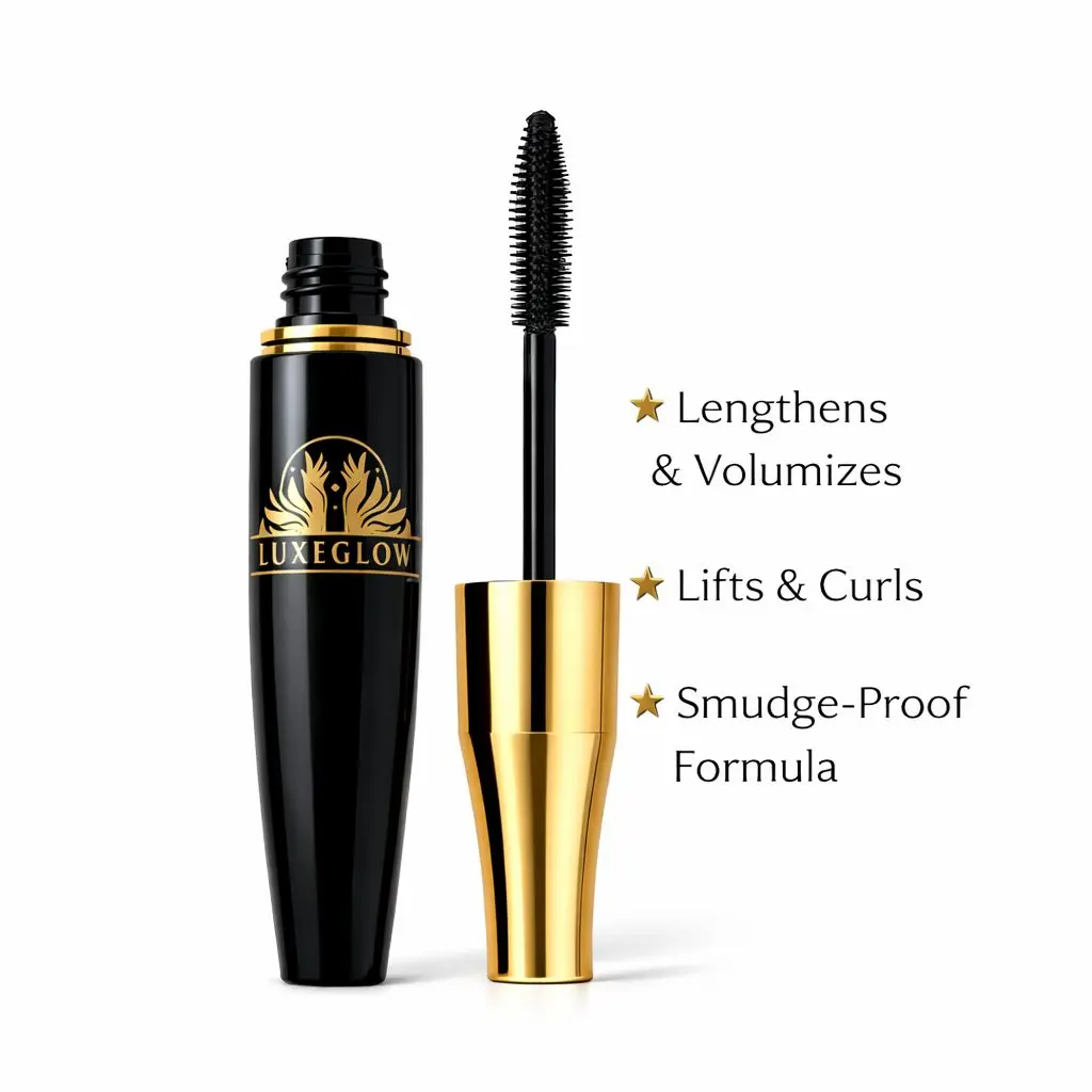 Luxe Glow Voluminous Mascara Black with Gold Accents Waterproof Formula Lengthens Volumizes Lifts Curls Smudge-Proof for Bold Lashes Makeup Cosmetic