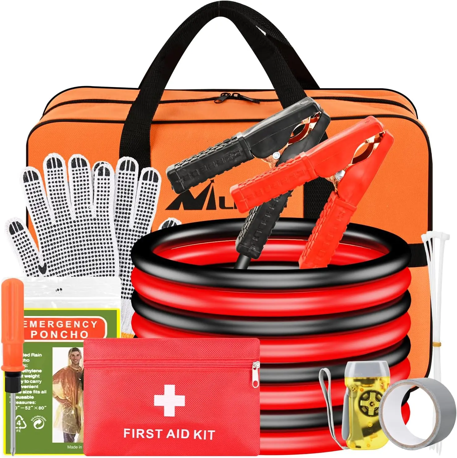 Nilight Roadside Emergency Kit - Heavy Duty Jumper Cable, Tire Patch Repair Kit, Air Compressor, First Aid Supplies, Alligator Connectors, Automotive Escape Tool, Durable Storage Bag - Outdoor Cycling Accessory for Trucks, SUVs, RVs - Father's Day Gift