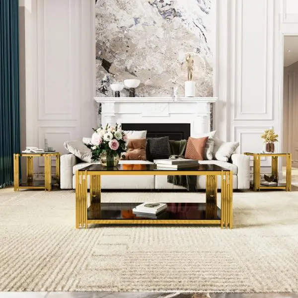 【Bellemave】three-piece set,Living Room Table Set of 3 with 1 Coffee Table and 2 End Tables, Rectangle, Tempered Glass, Asymmetrical Metal, Gold Finish & Lower Shelf, 47.5"