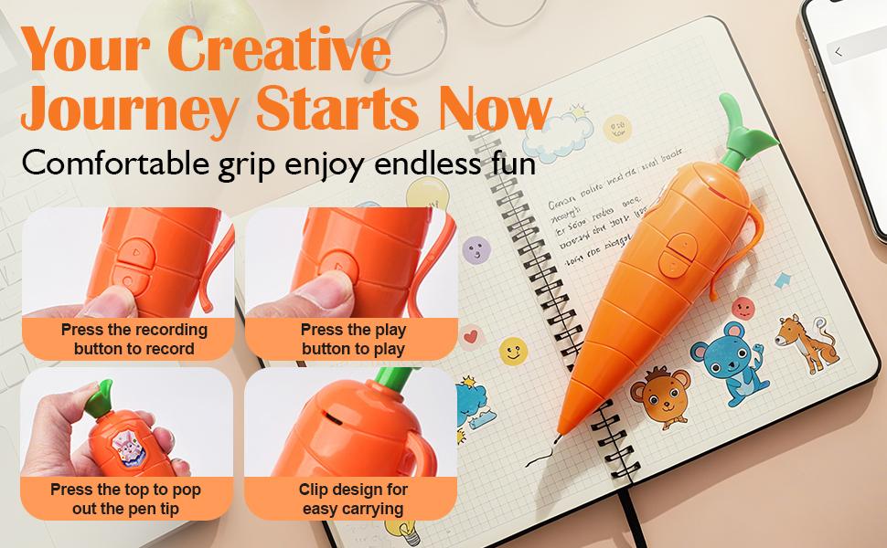 60-Second Voice Recorder with Playback & Audio Recorder Pen - Cute Carrot-Shaped Recorder Device, Smooth-Writing Ballpoint Pen - Fun & Creative Gift for Kids, Students, Teachers 60-Second Voice Recorder with Playback & Audio Recorder Pen - Cute Carrot-Shaped Recorder Device, Smooth-Writing Ballpoint Pen - Fun & Creative Gift for Kids, Students, Teachers