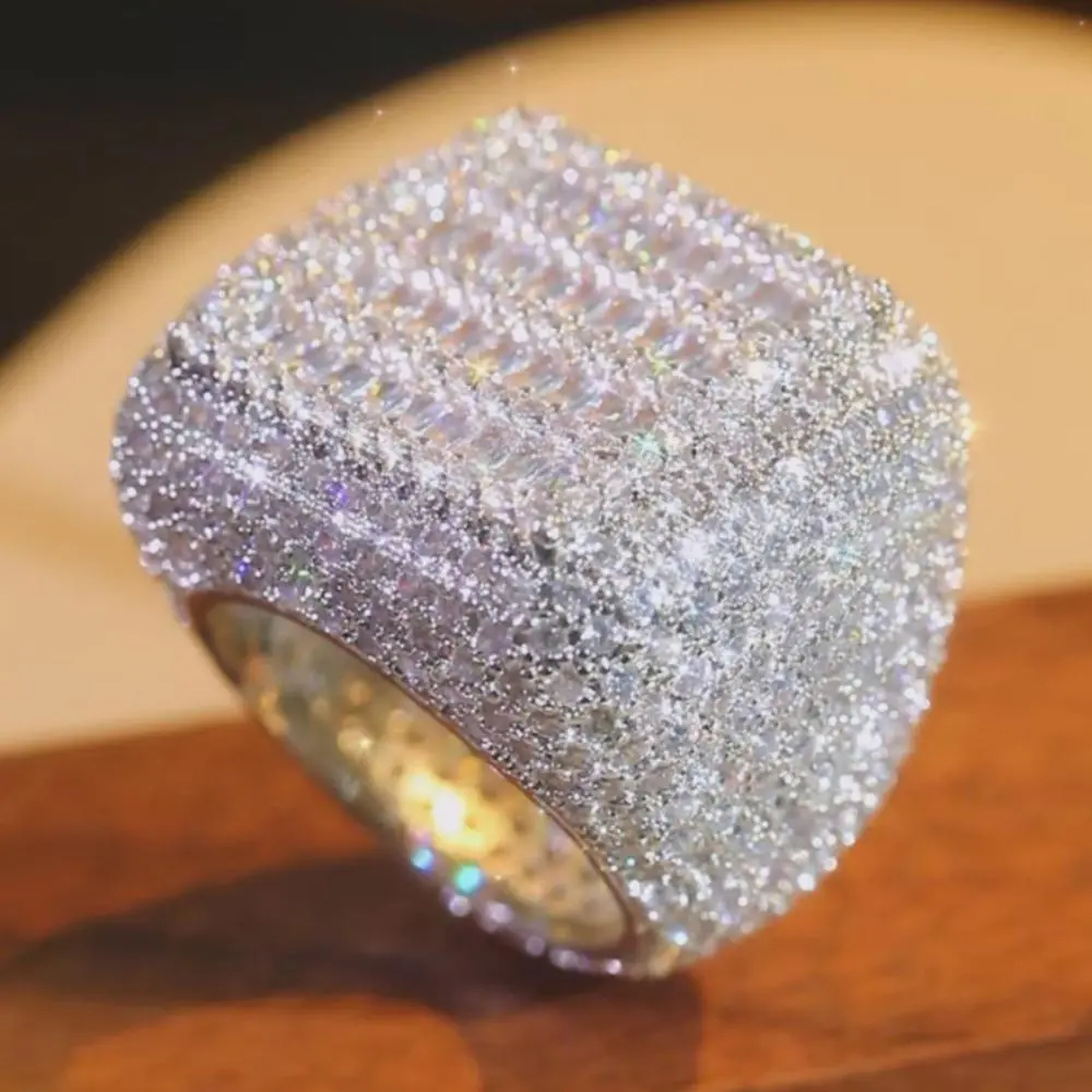Vintage Crystal Statement Chunky Ring - Silver-Tone Full Pavé Cubic Zirconia Bling, Stacking Statement Multi Ring, Men's Accessories, Hiphop Streetwear Party Gift for Him Her Christmas Valentine, Vintage Crystal Ring, Chunky Rings