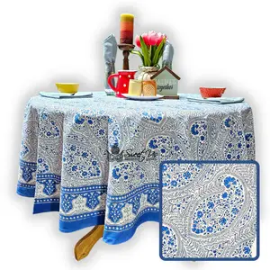 Princess Paisley Block Print Cotton Floral Tablecloth Round, Serene Blue