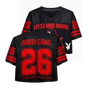 (Launch Deal) Black Red Bardi Gang Football Jersey Croptop, World Tour 2026 Crop Top Jersey, Bardi Gang Shirt, Little Miss Drama Jersey