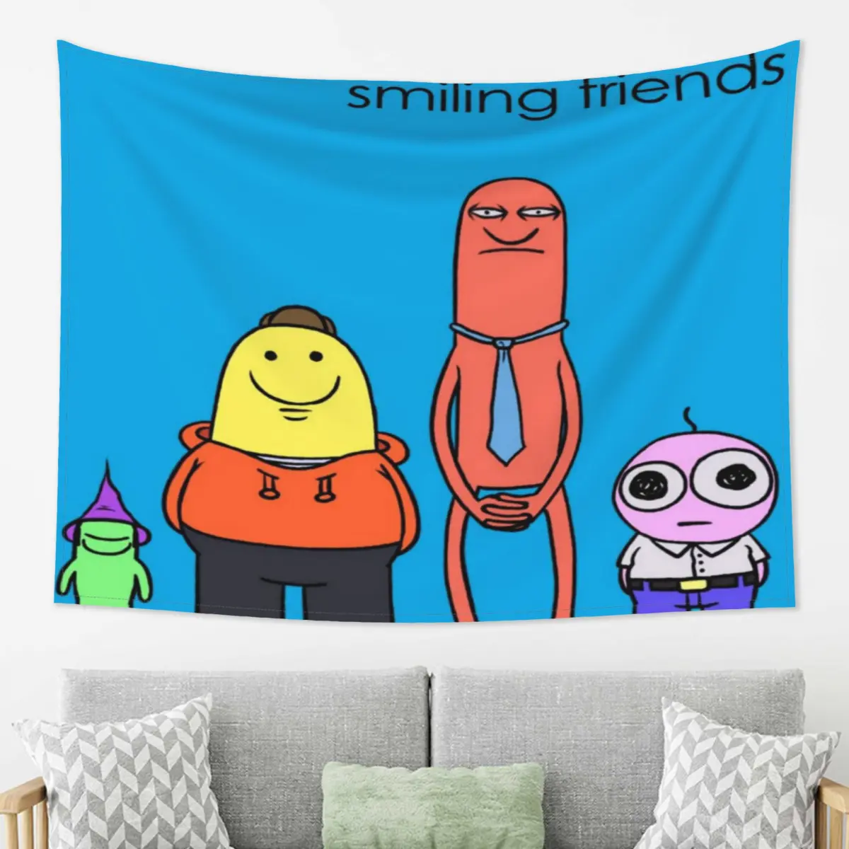 Smiling Friends style tapestry, suitable for studio, holiday courtyard, exclusive for black humor, absurd comedy, excellent choice for the one you like, exclusive gift for laughing friends Decor Backdrop Hanging Prop Print Decorative